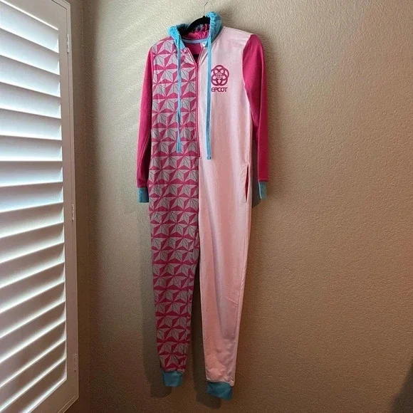Disney Resort Epcot Adult Onesie Pajama Pink Blue XS Hooded Bodysuit - Picture 2 of 7